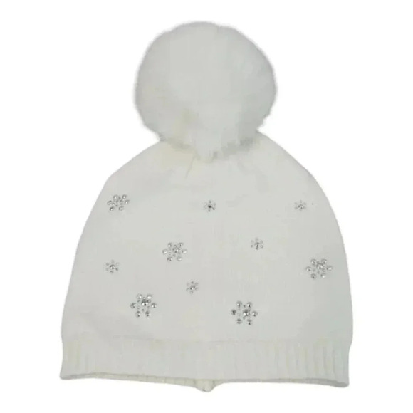 Girls White/Cream Sparkly Snowflake Knit Hat Beanie with Fingerless Glove set - Picture 3 of 13